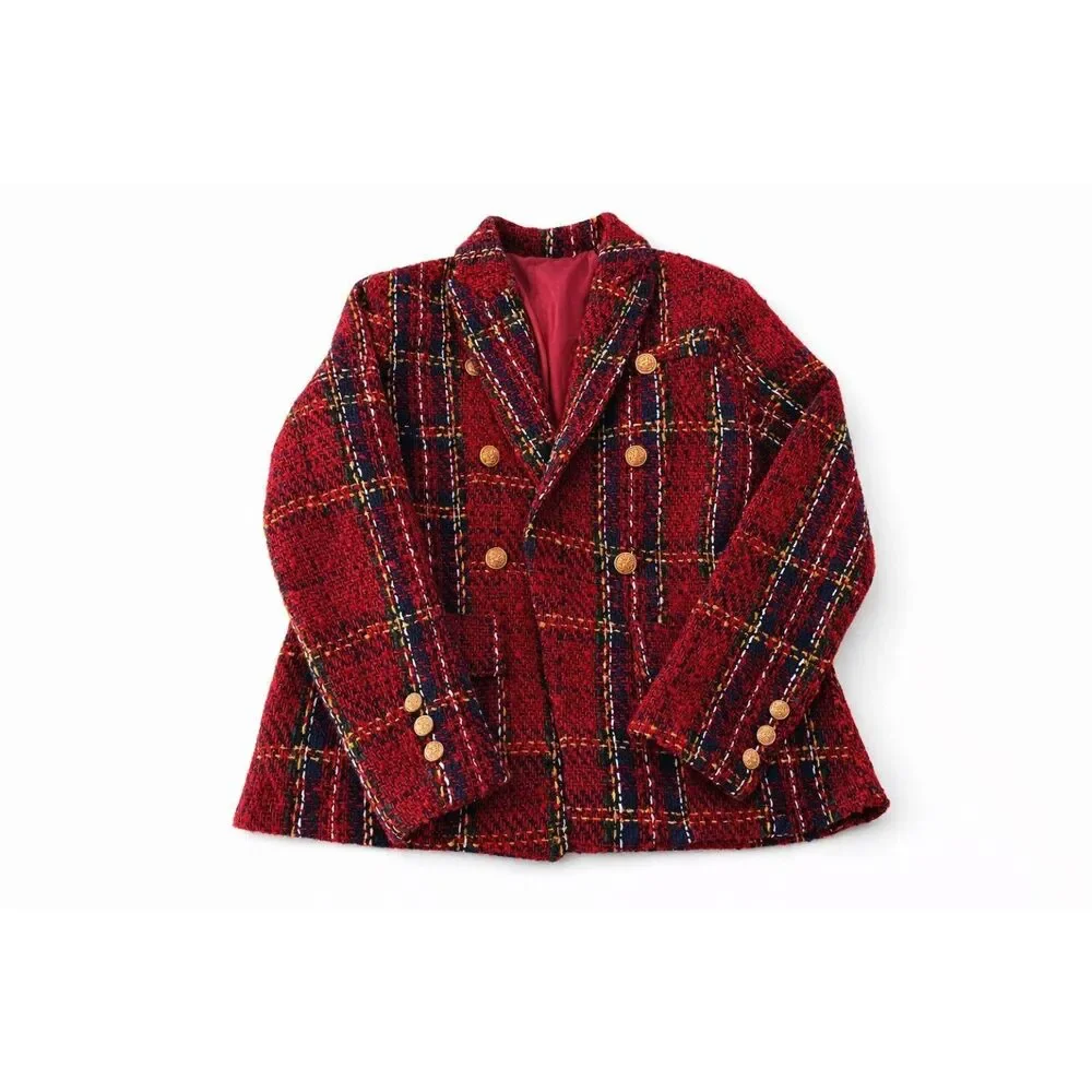 Red Tweed Style Open Front Jacket-Gold Button Detail Bouclé Knit Blazer |Medium - Picture 1 of 12